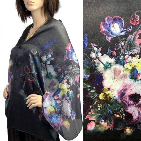 Black Floral Charmeuse Satin Shawl/Scarf