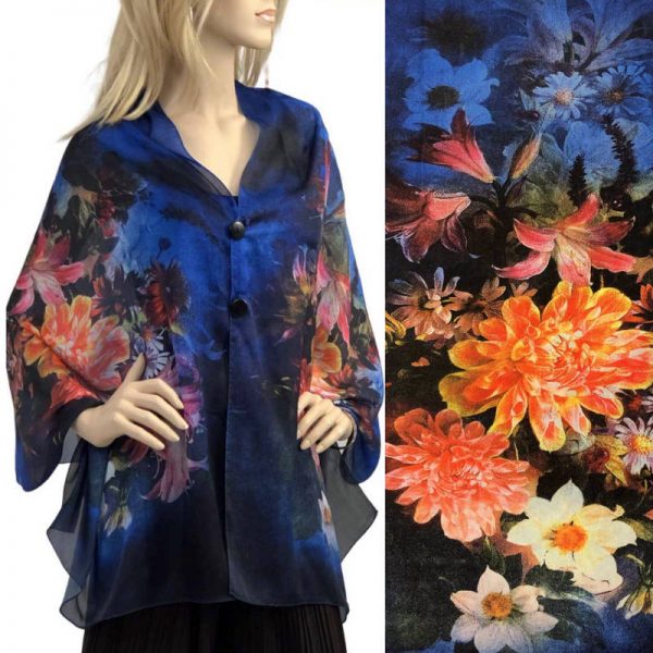 Cobalt Floral Charmeuse Satin Shawl/Scarf