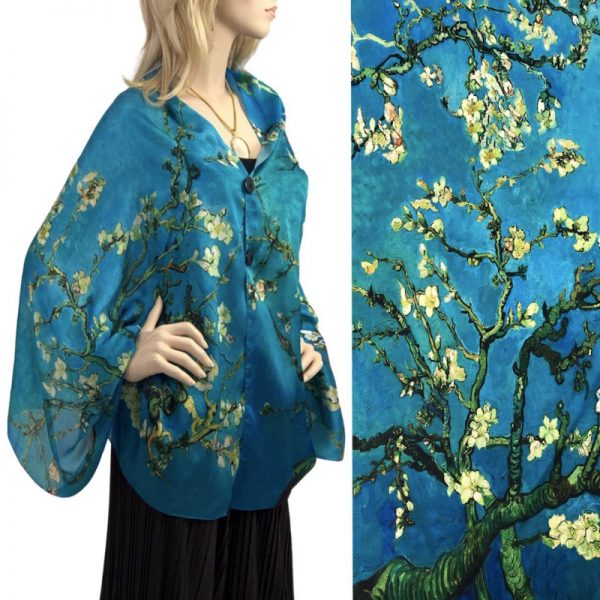 Teal Floral Charmeuse Satin Shawl/Scarf