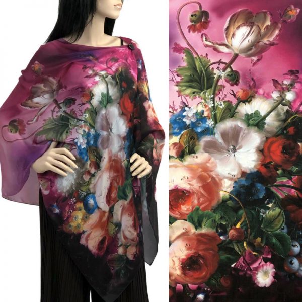 Pink Bouquet Charmeuse Satin Shawl/Scarf