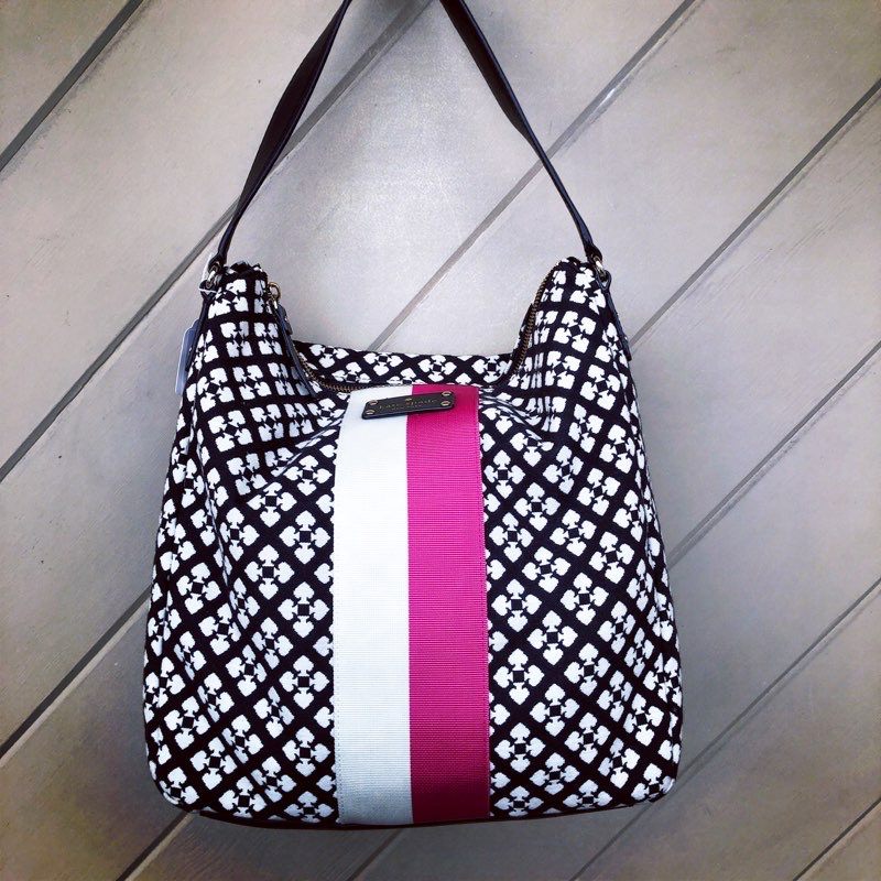 Kate Spade black white handbag with pink stripe | EcoChic Boutique